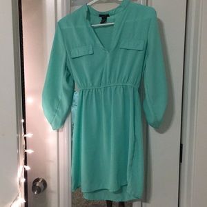 Teal V neck long sleeved mini dress